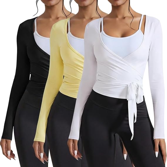 Women Ballet Pilate Wrap Top Pack | 3 Pack Set, Tie Front Long Sleeve Workout Shirt, V Neck Crop Wrap Around Tops, Ideal for Pilates Ballet Yoga Dance Y2K