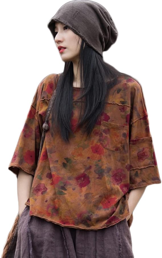 NFYM Summer Tops for Women Floral Print Blouse Short Sleeve Hi-Low T-Shirt Casual Comfy Cotton Tops