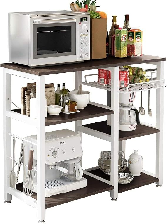 Soges 3-Tier Modern Kitchen Cart, Black - Microwave Oven Stand Shelf with Storage, Hanging Hooks & Tiered Shelf