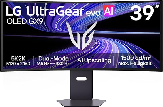 LG Ultragear™ 39GX950B-B 39 Zoll 21:9 Curved 5K2K OLED Gaming Monitor, 165Hz/330Hz Dual Mode, AI Upscaling, DisplayHDR True Black 500, AMD FreeSync Premium Pro, USB-C (90W), Schwarz