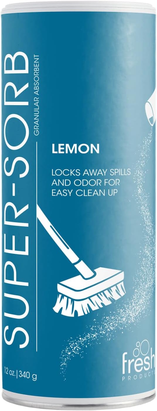 Fresh Products Super-Sorb Liquid Spill Absorbent, Powder, 12 Ounce Shaker Can, Lemon-Scented