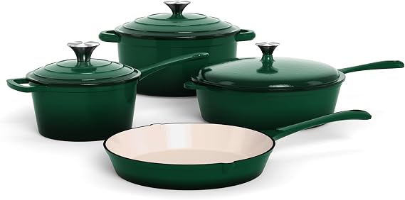 Kitchen Academy, Enameled Cast Iron Cookware Set, 7 PCS Set of Dutch Ovens | Cookware Set, Sauce Pan, Skillet, 3 Lids, Dutch Oven Set, Pots and Pans Set Nonstick Green