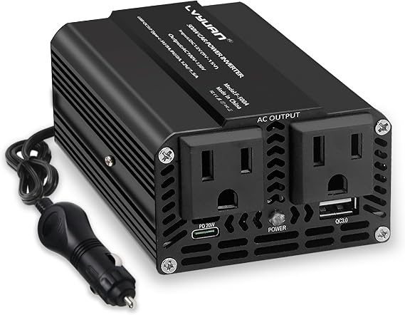 LVYUAN 500W Power Inverter for Vehicles DC 12V to 110V AC Car Plug Adapter Outlet Converter with PD 20W with USB Fast Charging Ports and 2 AC Outlets Car Charger Adapter
