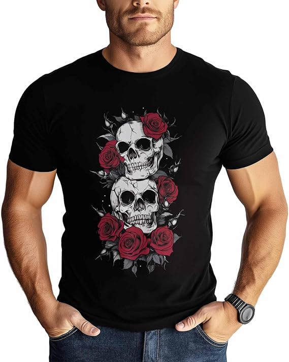 Men T-Shirt,Crewneck Tee Shirt Rose Skull Short Sleeve Casual Black T Shirts
