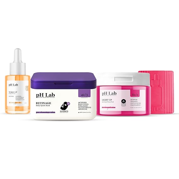 pH Lab Glow & Even Skin Tone Routine Set, Wake Up Energy Serum, Retinage Daily Quick Mask, Light Up Anti-Spot Toner Pad, Light Up Cleansing Bar