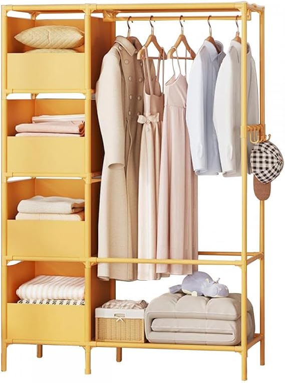Wardrobe Closet Hanger Rack with Curtains, 4 Hanging Storage Shelves, Non-woven Fabric, Steel Pipe, Large Capacity, Assembly Type, Space Saving, Sorting Storage, Waterproof, Dustproof, Stain