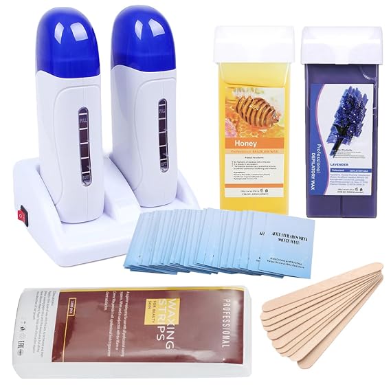 Double Depilatory Roll on Wax Heater Roller Warmer Cartridge Strips Hair Removal Kit with ON/OFF Switch (Honey & Lavender Wax & 200 Paper)