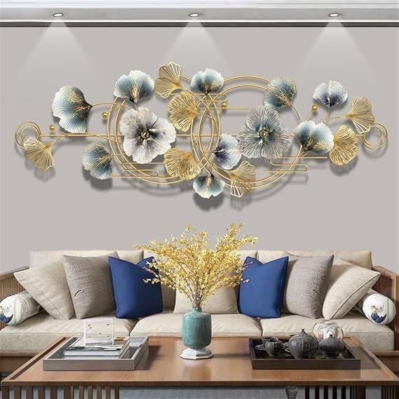 KHIESA Metal Wall Art Decor 3D Handmade Ginkgo Leaf Metal Wall Sculpture Golden Wall-Mounted Home Decor for Bedroom Office Study Dining Room(Large)