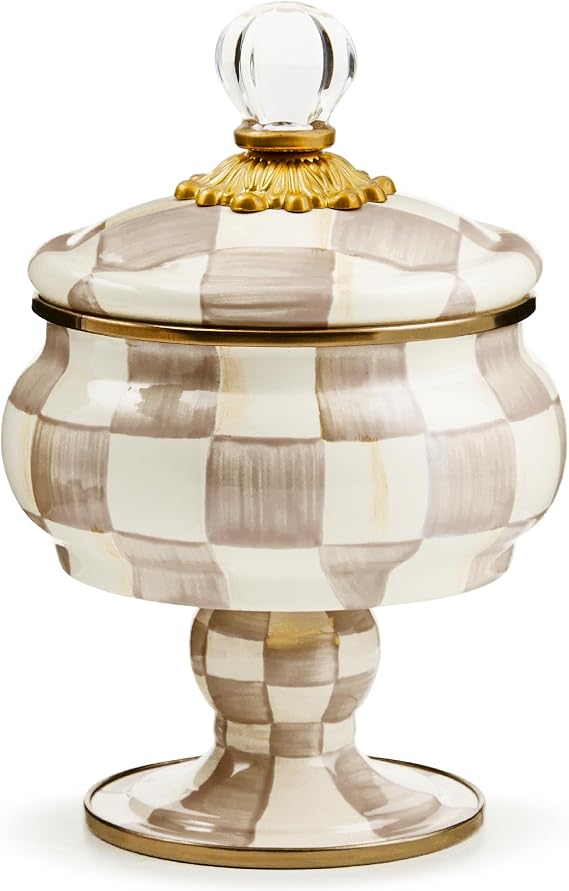 MACKENZIE-CHILDS Enamel Curiosity Pot, Brown-and-White Mocha Check | Hand-painted design, decorative container for bathroom or kitchen, 5" dia. x 8" H, 20-ounce capacity