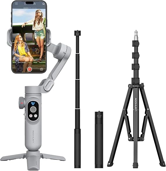 Professional Gimbal Stabilizer for Smartphone w/Wireless Charging OLED Display LED Light Focus Wheel,AOCHUAN Smart X Pro&1.7M Complete Camera Tripod&E10 Aluminum Extension