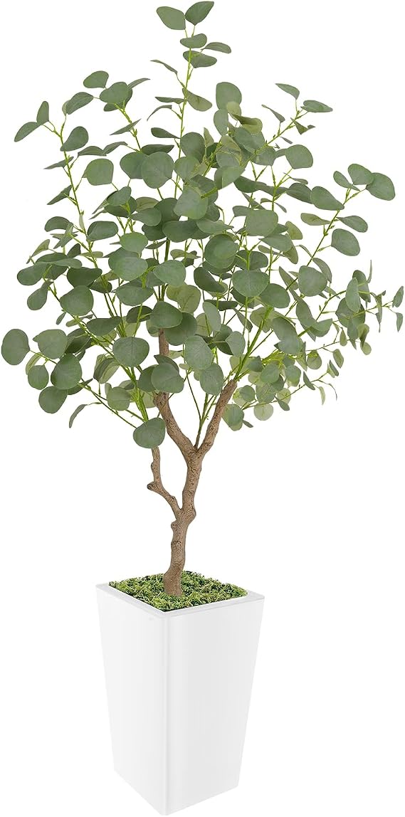 Artificial Eucalyptus Tree 5FT, Faux Eucalyptus Tree with Tall White Planter, Realistic Leaves & Natural Wood Trunk, Ideal for Home Decor and Housewarming Gift
