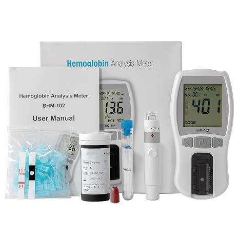 BHM-102 Hemoglobin Analyzer,Handheld Finger Prick Blood Collection Device Suitable Personal and Home Use. It is Easy to Use, Provides Quick Results,  with 25 Test Strips,Lancet, Dropper.