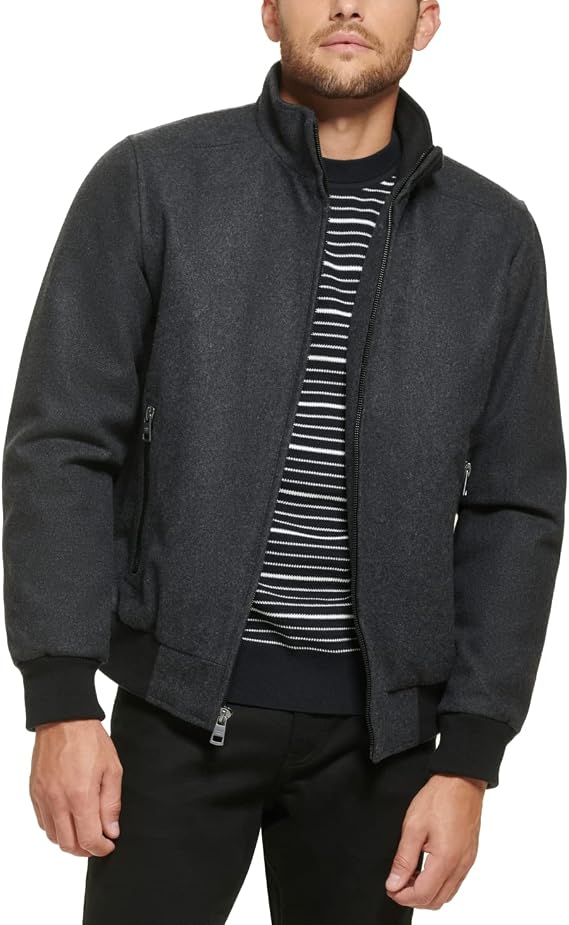 Calvin Klein Men's Wool Bomber Jacket With Knit Trim Gray Size Small