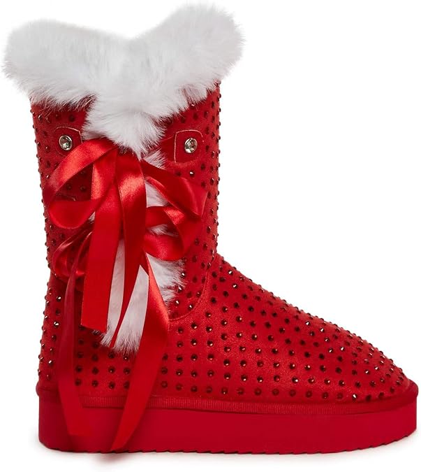 Dolls Kill Snowflake Cadet Rhinestone Booties - Red Vegan Leather Suede Ankle Boots with Faux Fur Trim, Ribbon Ties
