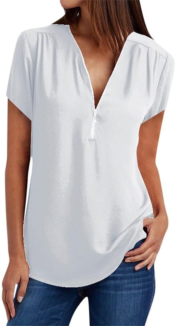 Solid Color Zipper T-Shirt Summer Women V Sleeve V Layer Short Sleeve Casual Baggy Blouses Tops