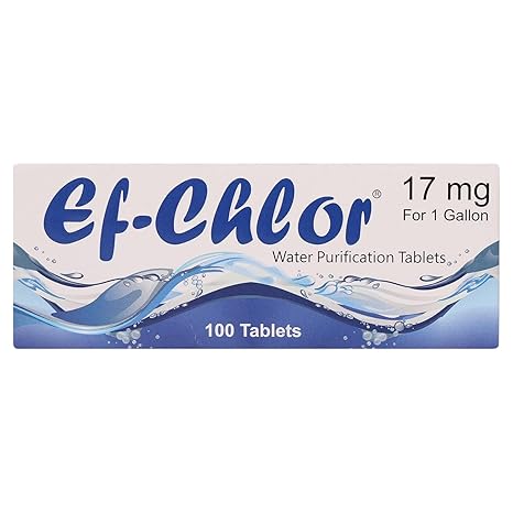 Ef-Chlor 17 Mg Water Purification Tablets / 100 Tablets Pack -1 tablet Purifies 3-4 Liters of Water/Safe and Reliable Water Treatment No Color or Unpleasant Taste/Sterilize Disinfect & Purify Water