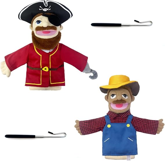 Professional Hand Puppets,2pcs Pirate Puppet and Farmer Hand Puppet for Kids Role Play,Teaching Puppet Stuffed Toys Character Puppets with Movable Mouth(02-Pirate&Farmer)