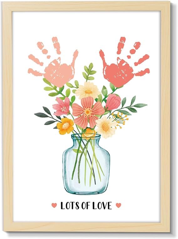 QOUBAI Flower Bouquet Vase Handprint Gifts Craft DIY Kit Mother's Day Craft Art from Daughter or Son Handprint Keepsake for Mom Grandma Birthday Gifts Christmas (12X16in, with Wood Frame)