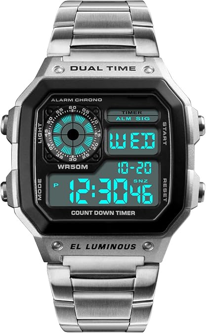 Watches for Men Fashion Trend Gold Multi-Function Waterproof Watch LED Digital Chronograph Stainless Steel Square Watches