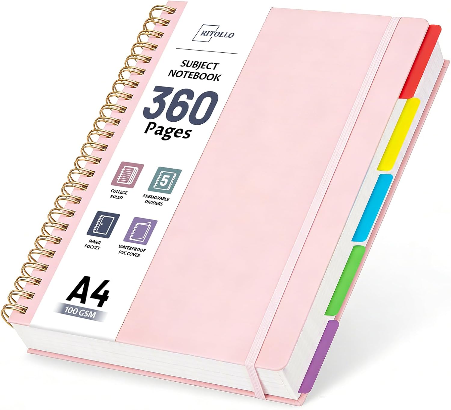RITOLLO 360 Pages A4 Spiral Notebook with 5 Subjects Ruled College Style 100GSM Thick Paper Large Notebook with Removable Dividers for School Office Study and Work (Pink)