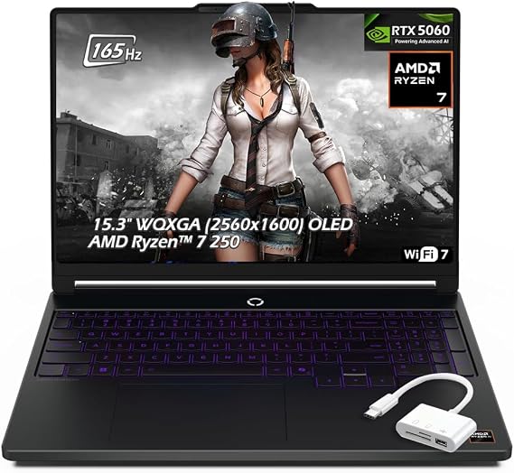 Lenovo Legion 5a 15.3" Gaming Laptop, WQXGA (2560x1600) 165Hz OLED Display, AMD Ryzen 7 250, NVIDIA GeForce RTX 5060, 16GB RAM, 1TB SSD, Backlit KB, Wi-Fi7, Win11, Eclipse Black, w/USB Hub, W/GaLiMu