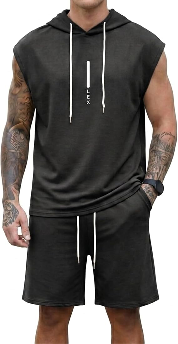 Lexiart Mens Short Sets Sleeveless Workout Hooded 2 Pieces Outfits | Lightweight,Drawstring,Athletic,Loose fit,Gym,Cap sleeve,Breathable,Sport,Summer,Stretch,Tracksuit