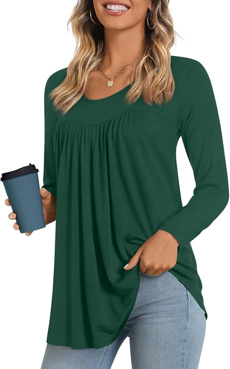 LONGYUAN Women's Long Sleeve Casual Tunics Tops 2026 Winter Loose Shirts Flare Blouse Comfy Elastic Cute