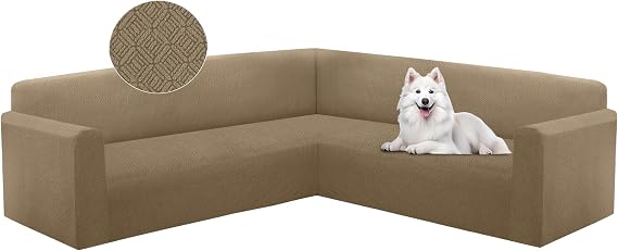 HDCAXKJ Sectional Couch Cover L Shape Stretch Sofa Covers Washable Jacquard Corner Couch Slipcover Non Slip Sectional Slip Cover U Shaped Furniture Protector for Pets Dogs (Brown Khaki, Large)