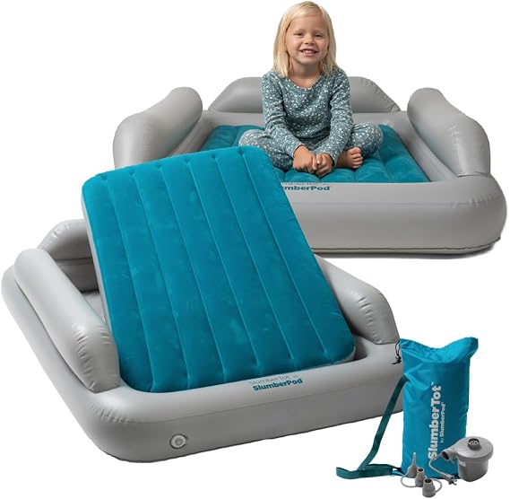SlumberPod SlumberTot Inflatable Toddler Travel Bed - Portable Kids Air Mattress with Safety Bumpers - Perfectly Sized Ideal for Travel or Home Use - Includes Electric Pump