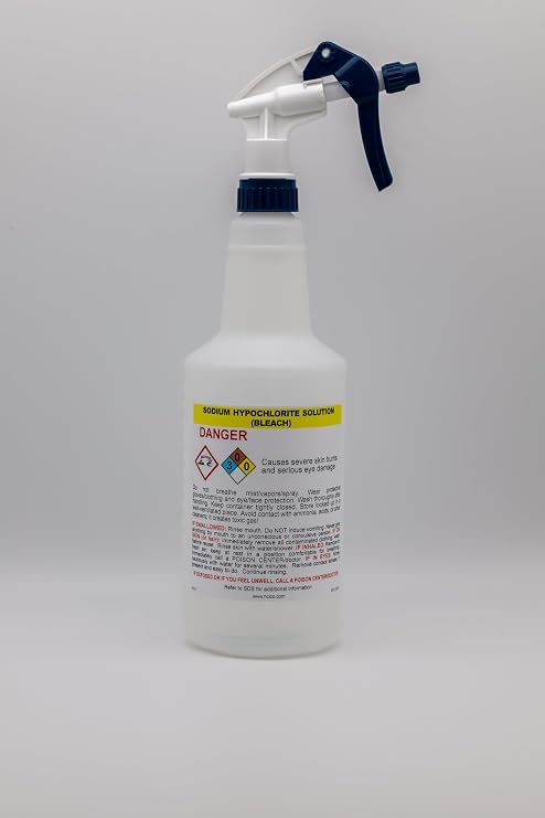 HCL Pre-Labeled GHS Spray Bottles - Sodium Hypochlorite (Bleach) - 32 oz (Supplied Empty)