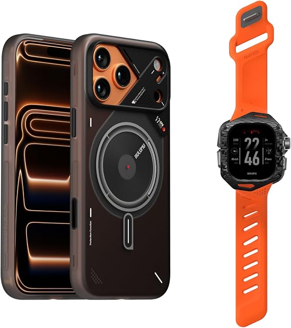 Aulumu A17 iPhone 17 Pro Max Magnetic Thermal Case+A01 Carbon Fibre Case with Apple Watch Ultra Band 49MM,Includes (A17) Gray + (A01) Orange