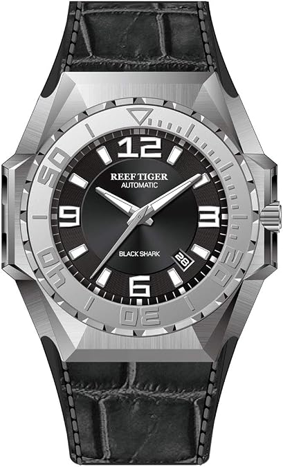 REEF TIGER Men Dive Watches Steel Automatic Watch Military Watches Leather Strap RGA6903