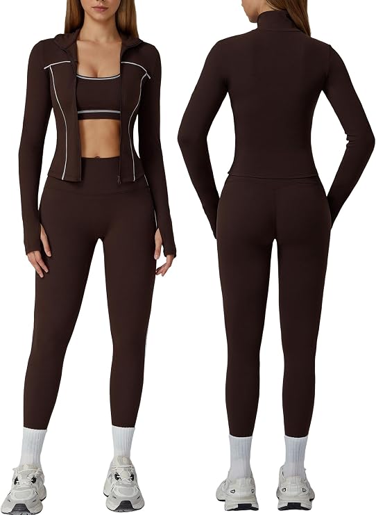 Workout Sets for Women 3 Piece Contrast Long Sleeve Jacket with Sports Bra High Waisted Yoga Leggings Active Jogger Outfits