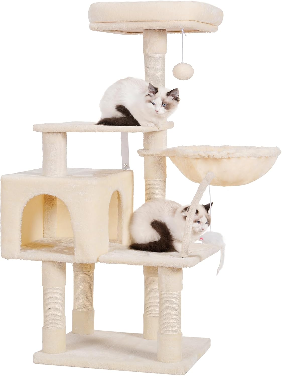 Hey-brother Cat Tree with toy, Cat Tower for Indoor Cats, Cat House with Padded Plush Perch, Cozy hammock and Sisal Scratching Posts, Beige EMPJ004SM-N