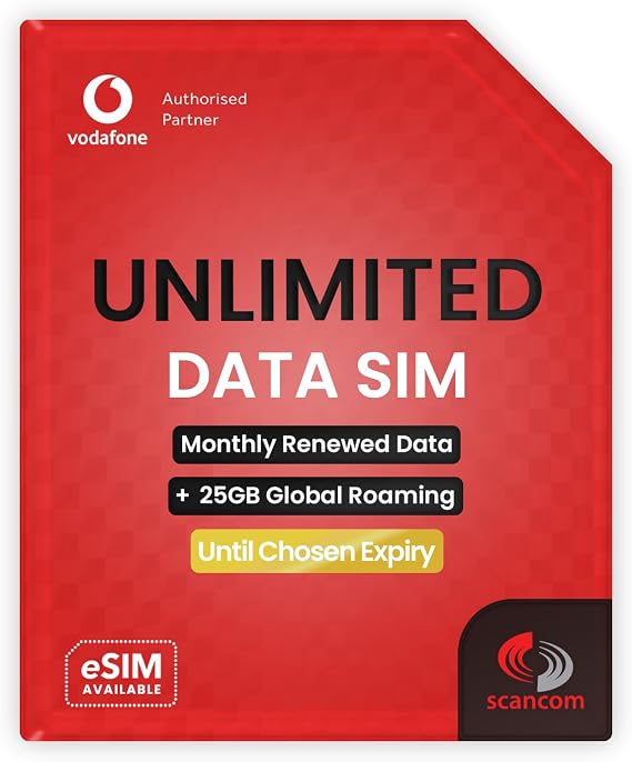 Vodafone Global Data SIM - 25GB Europe & USA Roaming + Unlimited UK Data - Preloaded for 14 Days - 1 Working Day Activation - For Phones & WiFi Routers