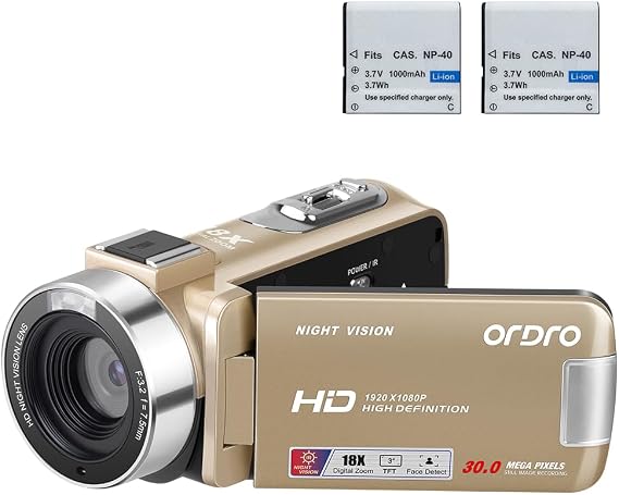 ORDRO Video Camera Camcorder Digital Camera Recorder Full HD 1080P 30FPS 30MP 3.0 Inch 270 Degree Rotation LCD 18X Digital Zoom with 16GB Card and 2 Batteries