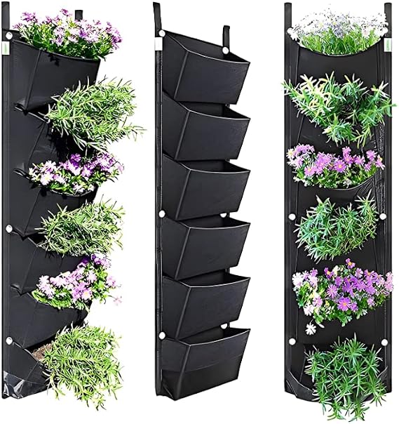 Hanging Vertical Garden Wall Planter, Vertical Wall Hanging Garden Planter with 6 Pockets, Grow Container Bags for Hanging Herb Garden Courtyard Office Home Decoration (Black)