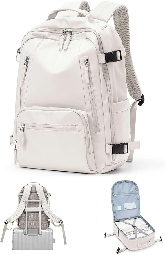 Travel Backpack for Women Men, Waterproof Carry on Backpack for Flight Approved Personal Item Bag, Business Laptop Backpack with USB Charging for Hiking Gym with Shoe Compartment Casual Daypack White