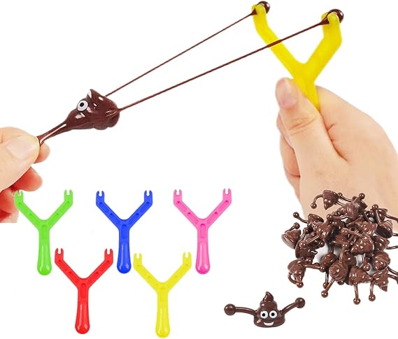 Funny Poo Slingshots Set with 15 Poo & 5 Color Slingshot, Fake Poo Finger Shooting pranks for Kids, Emoji Poop Squishy for Kids Birthday Joke Prank Gift Party Bag Fillers Christmas Stocking Fillers
