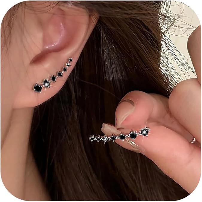 925 Sterling Silver 7 Crystals Ear Cuffs Hoop Climber Earring for Women, Cartilage Earrings with CZ Piercing Dainty Ear Crawler Earrings Mother's Day Birthday Christmas Wedding Jewelry Gift