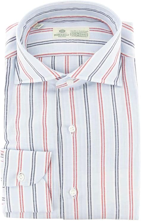 Luigi Borrelli Blue Stripes Button Down Spread Collar Cotton Blend Slim Fit Dress Shirt, Size x-Small 14.5