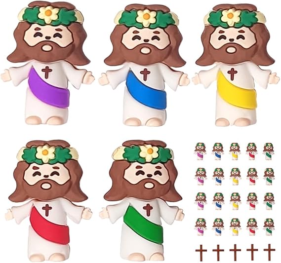 25 Pcs Small Jesus Figurines Set with 5 Wooden Crosses, Original Design Mini Rubber Jesus, Miniature Figurines Jesus to Hide and Seek Christian Gifts, Easter Egg Fillers, Religious Decor