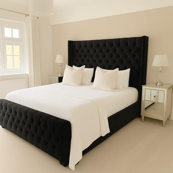 Bespoke Chesterfield Plush Velvet Cannas Wingback Bed - Mattress/Gas Lift Options - UK Made - Double/King/Super King (Black Plush, Double 4ft6 Bed Frame)