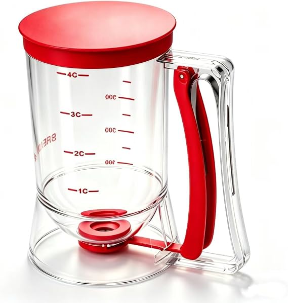 BBSTARZ Pancake Batter Dispenser 4-Cup Batter Dispenser with Squeeze Handle & Measuring Marks for Pancakes, Waffles, Muffins, Crepes & Cupcakes Baking Tool(Red)