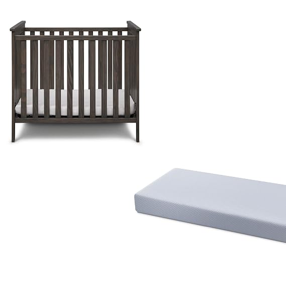 Simmons Kids Monterey Mini Crib, Rustic Gray + Quiet Nights Breathable 4-inch Mini Crib Mattress with Removable/Machine Washable Cover (Bundle)