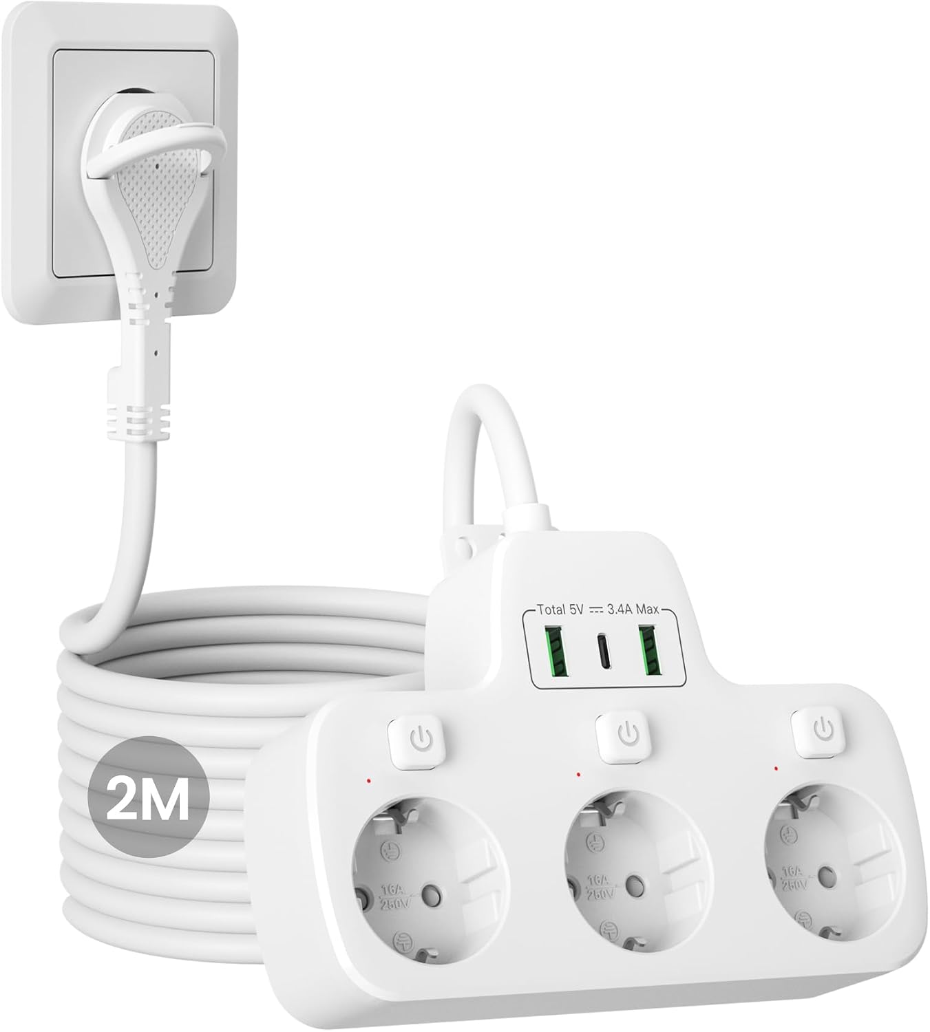Flat Plug Socket Strip Individually Switchable 3-Way Multiple Socket with Switch 3 Plug Strip Wall Mounting Multiple Plug Extra Flat Plug Double Plug for Socket 2 m Cable White