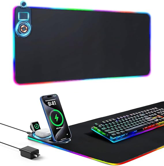 15W Wireless Charging Mouse Pad, Large RGB Gaming Desk Mat, Black