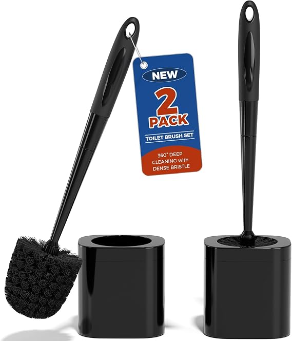 Holaloha Toilet Brush and Holder Set, Space Saving, 2 Pack, Black