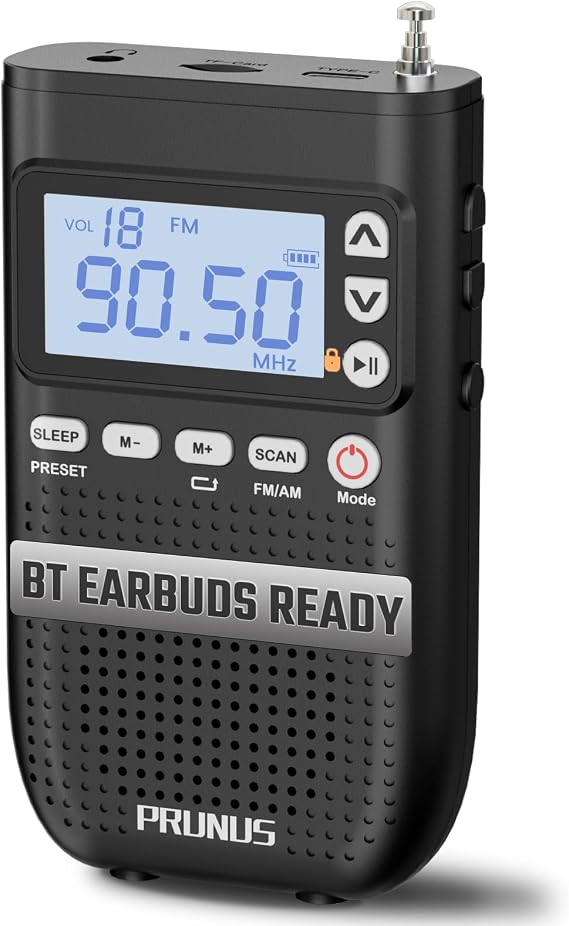 PRUNUS J-618 Portable Radio AM FM with Bluetooth Earphone Output, 2000mah