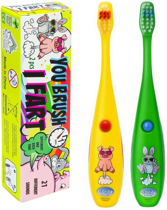 Lily's Home Childrens Funny Farting Toothbrush, Soft Bristles, Minute Electric Brushing Timer, Cute Boy Girl Dentist Prize, Age 3+, Assorted Color Animal Designs, Pig & Rabbit